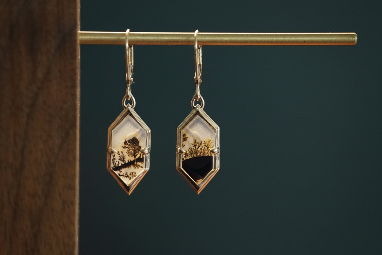 14K Yellow Gold Agate Riverside Drop Earrings in front of a dark background