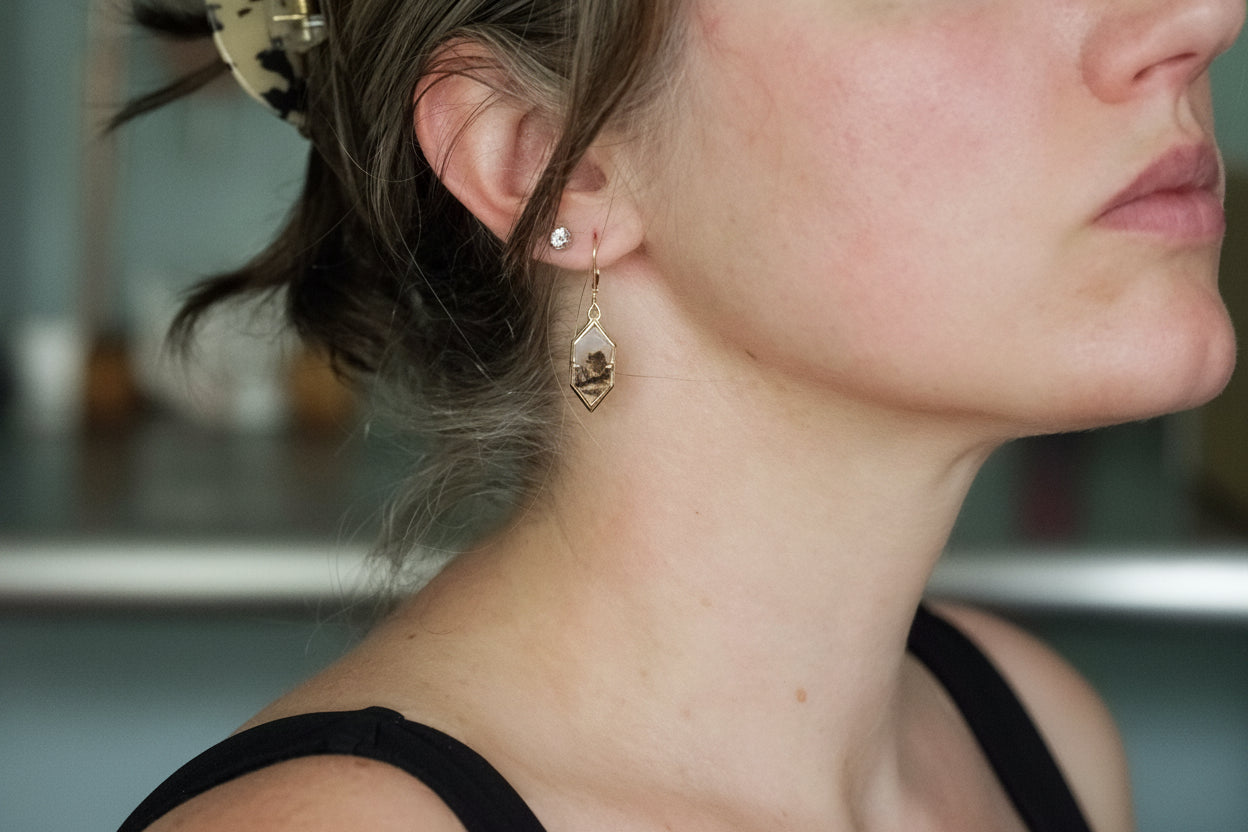 14K Yellow Gold Agate Riverside Drop Earrings on a light skin tone woman