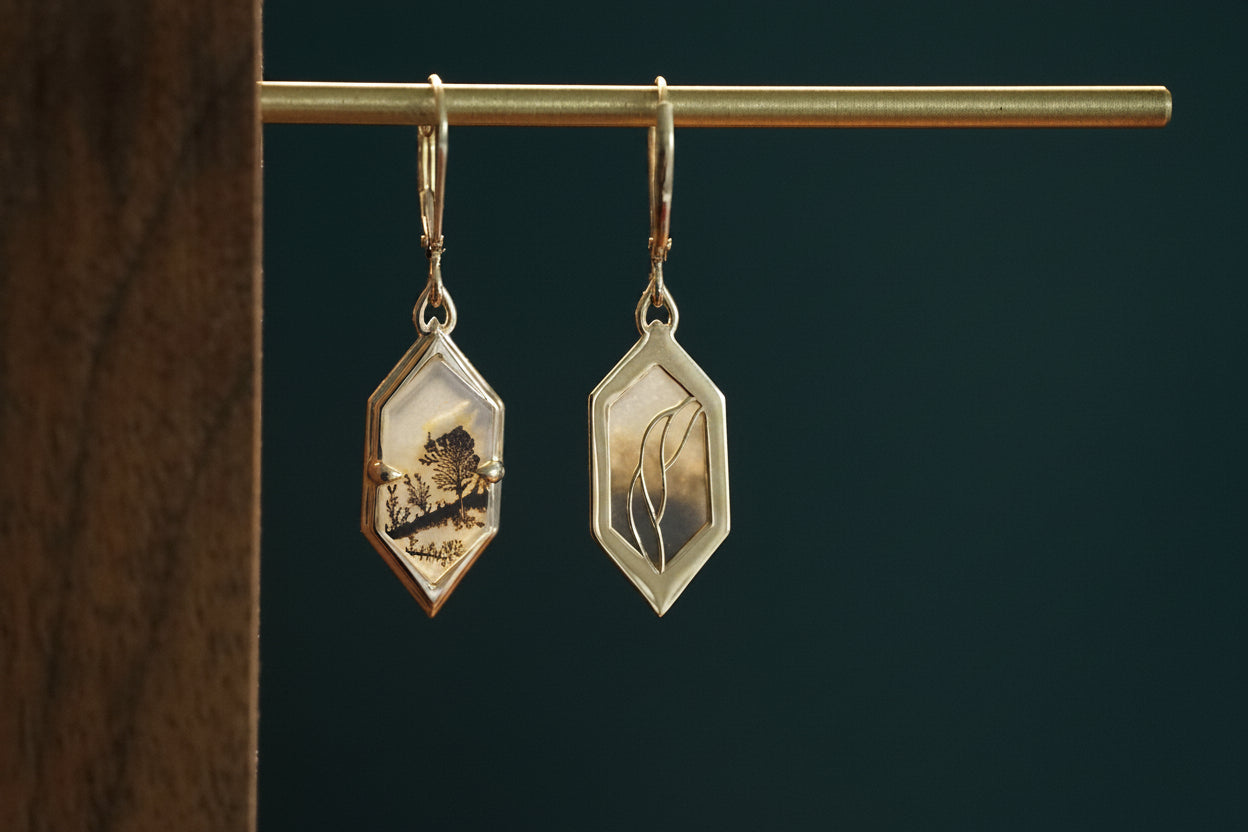 14K Yellow Gold Agate Riverside Drop Earrings in front of a dark background
