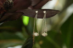 White gold earrings with gemstones hanging on a leaf against a blurred green background