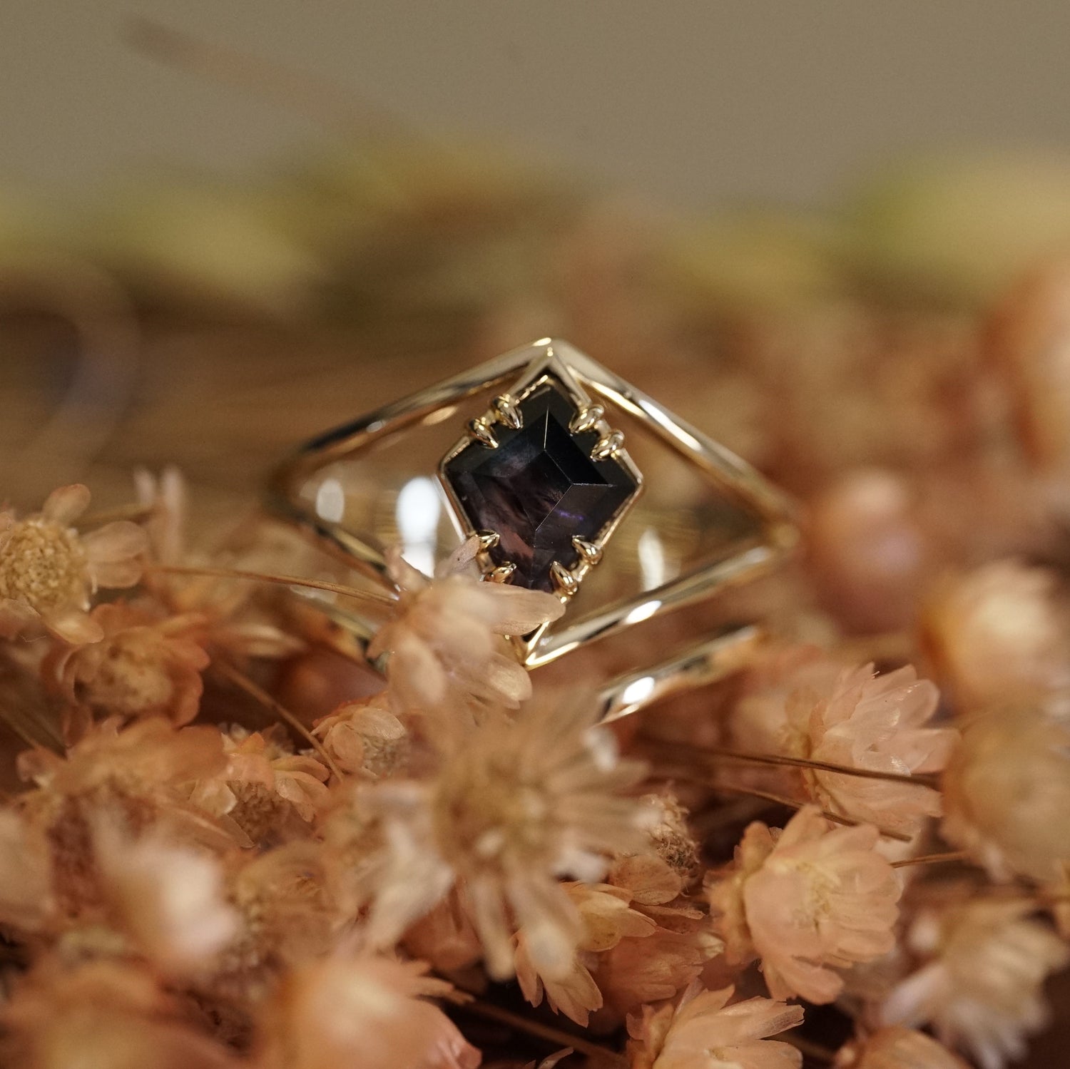 Gold ring with a dark gemstone on dried flowers