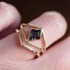 Gold ring with a purple gemstone on a finger