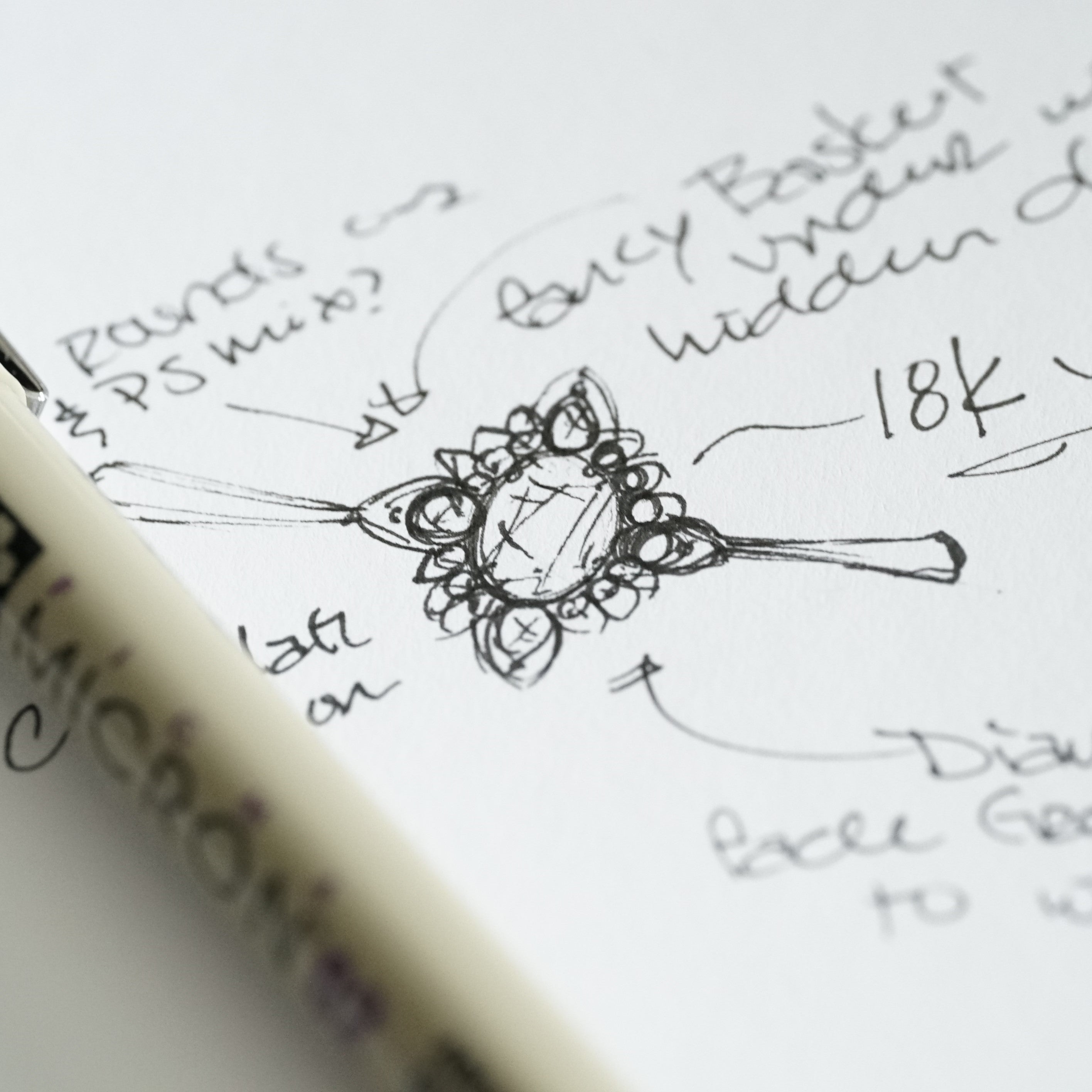 hand sketches of a custom ring design with notes and thoughts