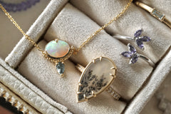 Jewelry set including a necklace, ring, and pendant on a textured surface.