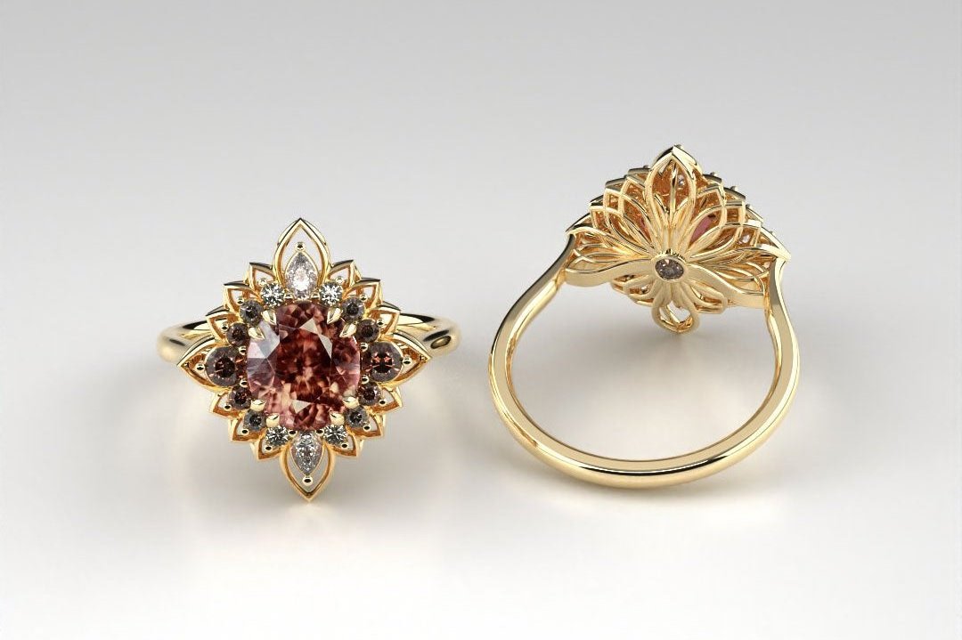 A computer renderings of an 18K yellow gold chocolate zircon and diamond ring on a white background