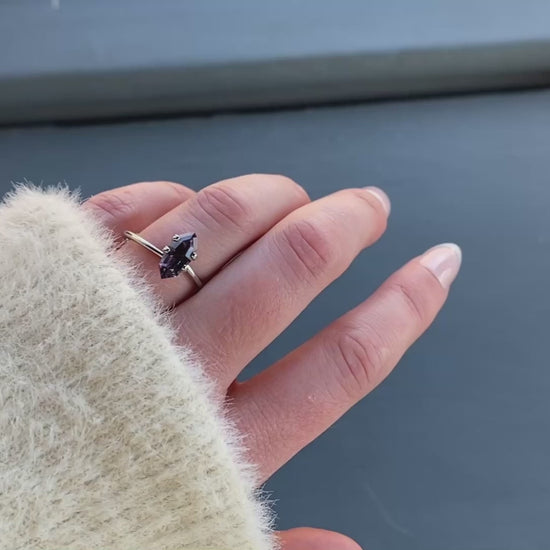 a 1.57 ct violet spinel in a temporary ring mounting in diffused winter sunlight