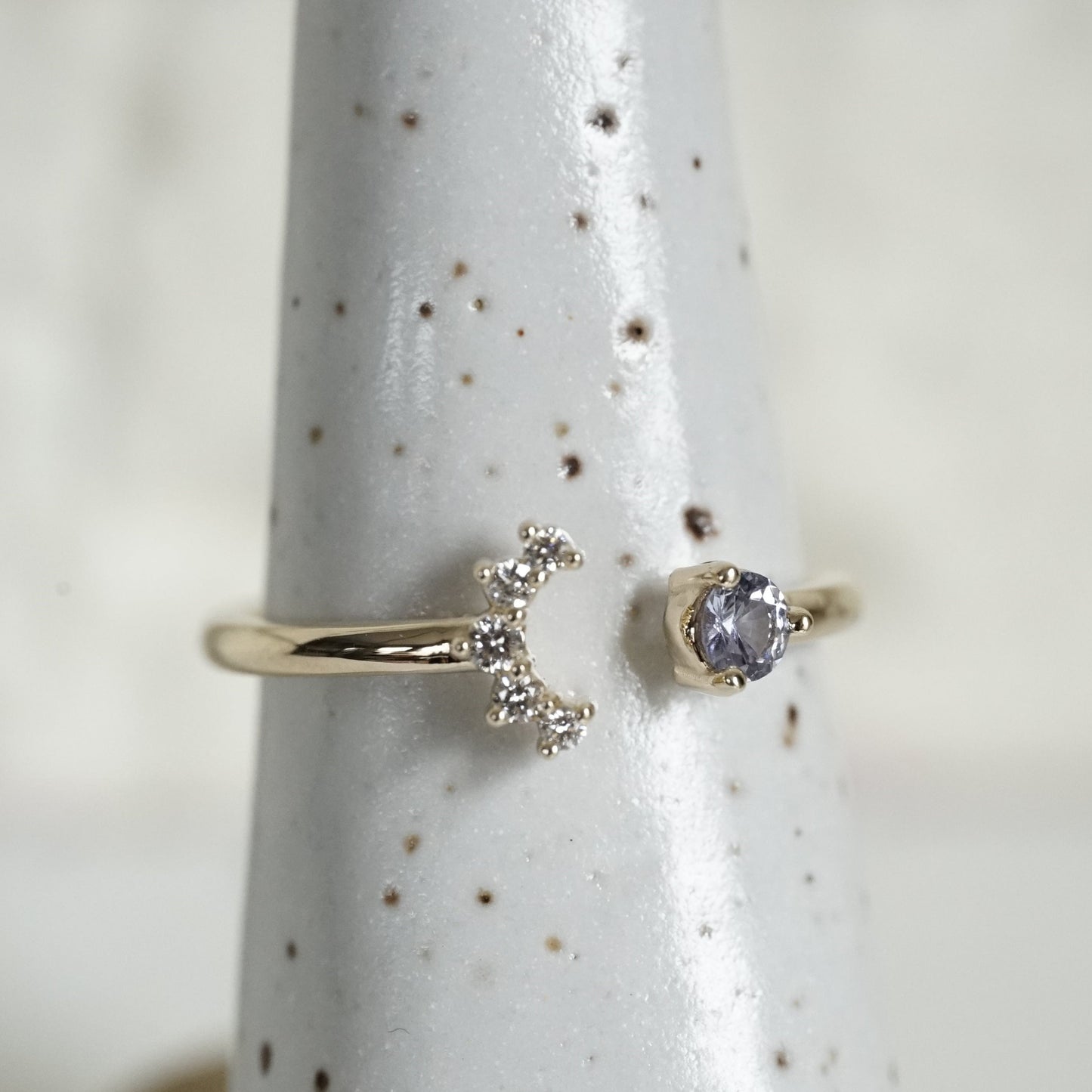 14K Yellow Gold, Sapphire, & Diamond Crescent Moon Ring